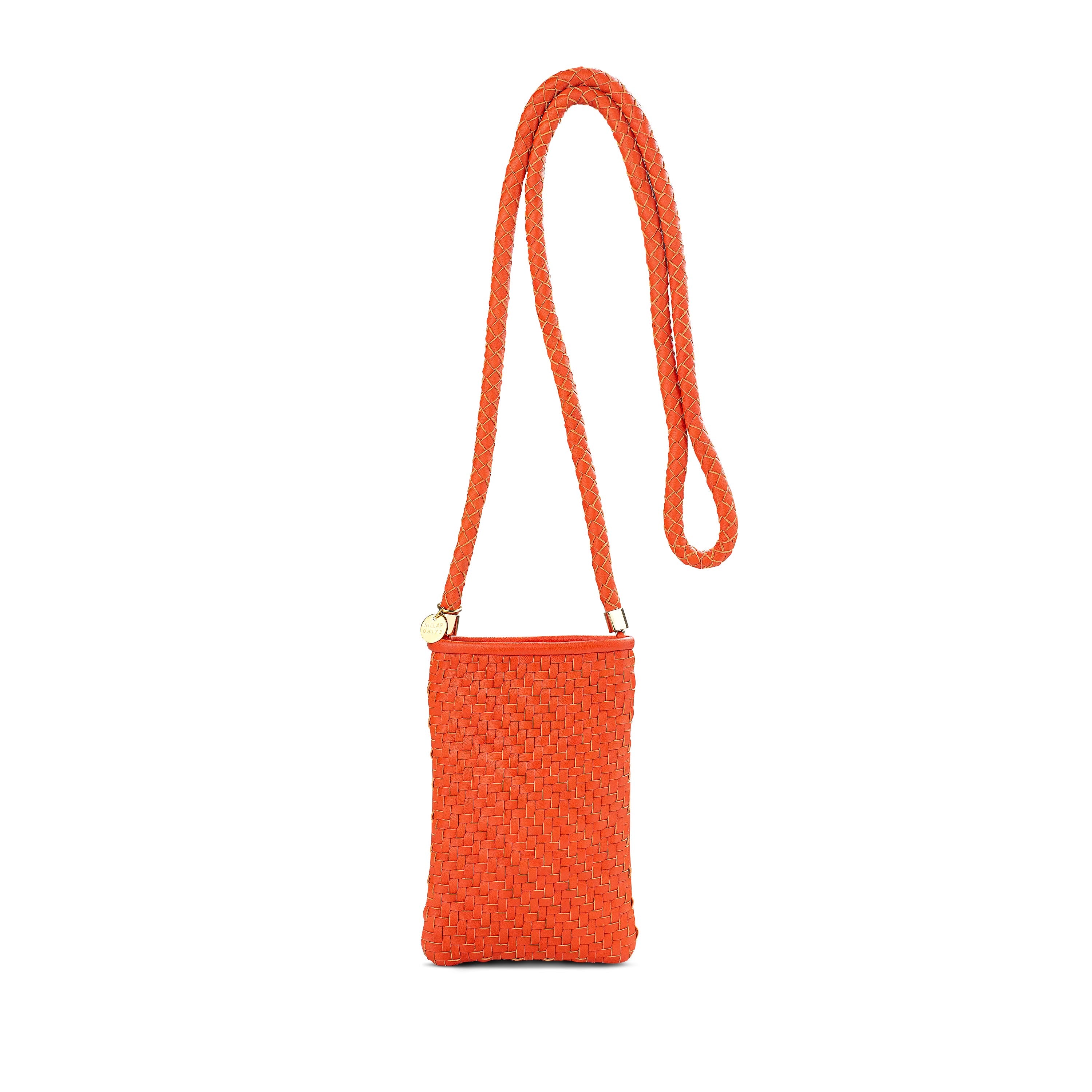 Berawa Hand Woven Leather Phone Pouch in Hot Coral by STELAR