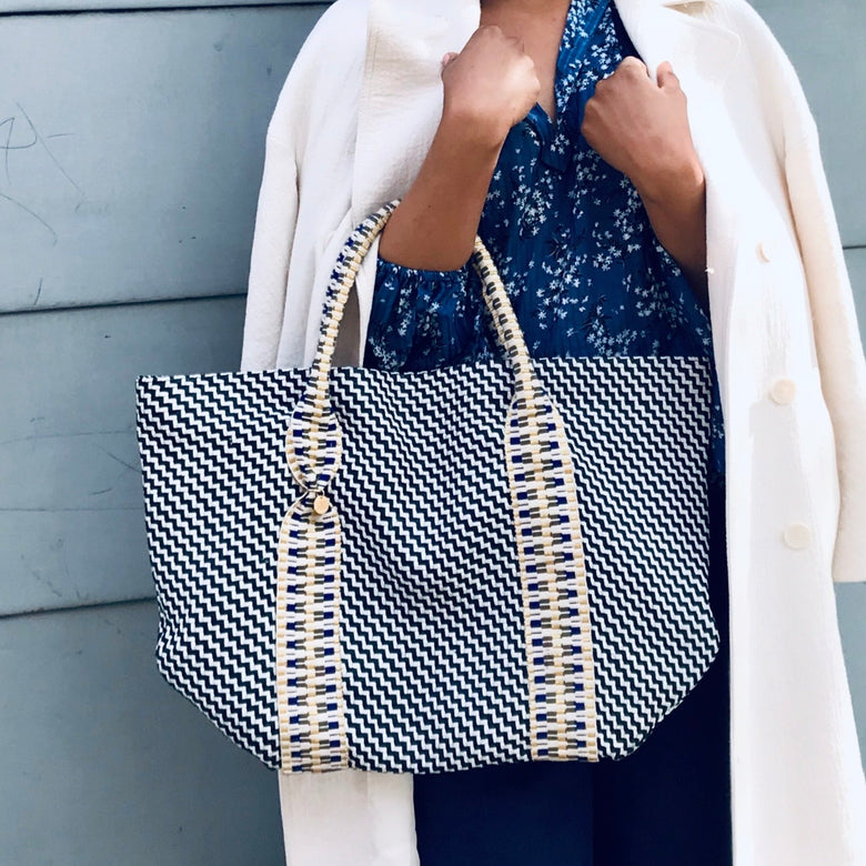 Misool Hand Woven Leather Tote Bag in Navy & White by STELAR